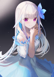 Rule 34 | 1girl, bare shoulders, blue dress, blue flower, blue hair, closed mouth, commentary request, dress, flower, frilled dress, frills, hair flower, hair ornament, hands up, highres, interlocked fingers, lize helesta, lize helesta (2nd costume), long hair, multicolored hair, nijisanji, off-shoulder dress, off shoulder, puffy short sleeves, puffy sleeves, purple eyes, short sleeves, shuuha arutsu, smile, solo, streaked hair, two-tone hair, very long hair, virtual youtuber, white hair