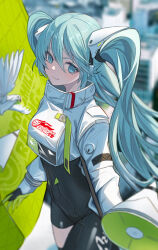 Rule 34 | 1girl, absurdres, black bodysuit, black thighhighs, bodysuit, green eyes, green hair, hatsune miku, highres, holding, holding megaphone, long hair, looking at viewer, megaphone, racing miku, racing miku (2022), scalo, single thighhigh, solo, thighhighs, twintails, vocaloid