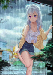 Rule 34 | 10s, 1girl, alternate costume, anklet, belt, blouse, blurry, blush, braid, breasts, building, bush, camisole, casual, collarbone, crown braid, day, depth of field, emilia (re:zero), feet, flower, hair between eyes, hair flower, hair ornament, jacket, jewelry, leg hold, leg up, long hair, looking away, looking to the side, medium breasts, off shoulder, outdoors, parted lips, pointy ears, purple eyes, rain, re:zero kara hajimeru isekai seikatsu, sandals, shirt, shorts, silver hair, sleeveless, sleeveless shirt, solo, standing, standing on one leg, toes, wet, wet clothes, wet shirt, white shirt, yellow jacket, yimn-fletcher