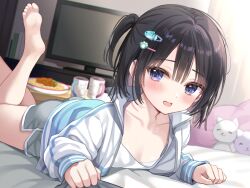 Rule 34 | 1girl, barefoot, black hair, blue jacket, blush, breasts, collarbone, commentary request, cup, dolphin shorts, feet, grey shorts, hair between eyes, hair ornament, hairclip, ikura nagisa, indoors, jacket, looking at viewer, lying, on stomach, original, plate, purple eyes, shirt, short hair, shorts, side ponytail, small breasts, smile, solo, stuffed animal, stuffed cat, stuffed toy, television, toes, track jacket, track suit, white shirt