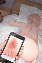 Rule 34 | 1boy, 1girl, after anal, after vaginal, aftersex, all fours, anus, ass, blonde hair, breasts, cellphone, censored, completely nude, cum, cum in pussy, cum on ass, cum on body, cumdrip, highres, holding, holding phone, huge ass, huge breasts, jjanda, mosaic censoring, nude, on bed, original, phone, pillow, pussy, pussy juice, short hair, smartphone, sweat, taking picture, top-down bottom-up