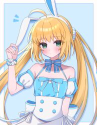 1girl ahoge animal_ears arm_at_side arm_up artoria_caster_(fate) artoria_caster_(swimsuit)_(fate) artoria_caster_(swimsuit)_(second_ascension)_(fate) artoria_pendragon_(fate) bare_shoulders blonde_hair blue_background blue_bow blue_dress blush border bow detached_sleeves dress fake_animal_ears fate/grand_order fate_(series) green_eyes hairband highres long_hair looking_at_viewer outside_border puffy_detached_sleeves puffy_short_sleeves puffy_sleeves rabbit_ears scrunchie short_sleeves simple_background toru_991099 twintails upper_body white_border wrist_scrunchie