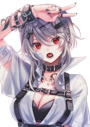 Rule 34 | 1girl, arm up, bandage on face, bandage on hair, bandages, black bra, black nails, bra, bracelet, breasts, cleavage, ear piercing, fang, grey hair, highres, jewelry, large breasts, looking at viewer, open mouth, original, piercing, red eyes, ring, shirt, short hair, simple background, solo, suzaku (zaku6584), tattoo, teeth, tongue, underwear, upper body, v, white background, white shirt