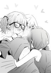 2girls bare_arms blush closed_eyes clothes_lift commentary ear_blush earrings girls_band_cry glasses greyscale heart highres hina_(girls_band_cry) iseri_nina jewelry licking licking_stomach lwmina70119 lying_on_person monochrome multiple_girls nail_polish open_mouth shirt_lift short_twintails twintails yuri