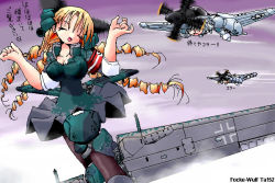 Rule 34 | 3girls, aircraft, airplane, arm up, armband, blonde hair, breasts, character name, chasing, closed eyes, cloud, contrail, covered erect nipples, drill hair, escort fighter, flying, large breasts, laughing, long hair, mecha musume, military, multiple girls, oekaki, open mouth, original, p-51 mustang, propeller, sky, smile, swastika, ta 152, world war ii, yonezuka ryou