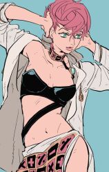 Rule 34 | 1girl, aqua background, aruhino, blue eyes, breasts, choker, covering own ears, hands up, jacket, jojo no kimyou na bouken, midriff, open clothes, open jacket, parted lips, pink hair, short hair, simple background, skirt, small breasts, solo, standing, trish una