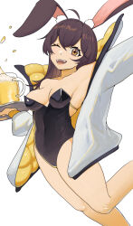 Rule 34 | 1girl, alcohol, animal ears, arm up, armpits, bare legs, bare shoulders, beer, beer mug, black leotard, breasts, brown hair, cleavage, commentary, cup, feet out of frame, highres, holding, holding tray, jacket, leotard, long hair, mug, open clothes, open jacket, original, rabbit ears, simple background, small breasts, solo, strapless, strapless leotard, thighs, tray, white background, white jacket, yellow eyes, yellow glasses (odivichno)