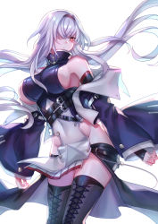Rule 34 | 1girl, azur lane, bare shoulders, belt, blush, boots, breasts, coat, colorado (azur lane), cross-laced footwear, detached sleeves, dress, floating hair, hair over one eye, hairband, highres, lace-up boots, large breasts, long hair, looking away, red eyes, sideboob, sidelocks, skirt, sleeveless, sleeveless dress, solo, suzaku (zaku6584), thighhighs, white hair, wide sleeves, wind, wind lift