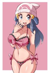 Rule 34 | 1girl, absurdres, alternate breast size, bare legs, bare shoulders, beanie, blue eyes, blue hair, blush, breasts, cowboy shot, creatures (company), curvy, dawn (pokemon), game freak, hair ornament, hat, highres, large breasts, long hair, looking at viewer, looking back, lucyfer, matching hair/eyes, naughty face, nintendo, open mouth, panties, pink background, pokemon, pokemon dppt, ribbon panties, shiny skin, side-tie panties, simple background, skirt, solo, thighs, underwear, underwear only, watch, white hat