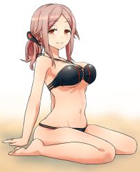 Rule 34 | 10s, 1girl, arm support, bad id, bad pixiv id, bare arms, bare legs, bare shoulders, barefoot, bikini, black bikini, breasts, confusing, female focus, from side, gradient background, halterneck, jitome, kunichika yuu, large breasts, light smile, looking at viewer, navel, o-ring, o-ring top, pink eyes, pink hair, ponytail, sitting, solo, swimsuit, underboob, wariza, world trigger