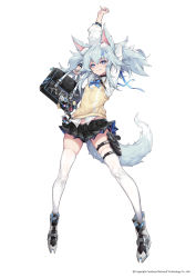 Rule 34 | 1girl, absurdres, animal ear fluff, animal ears, arms up, bag, beige vest, black skirt, blue eyes, blue hair, blush, boots, bow, bowtie, breasts, buckle, cardigan vest, collared shirt, fox ears, fox tail, full body, girls&#039; frontline, grin, gun, hair between eyes, hair ornament, handgun, heart, heart-shaped pupils, highres, holding, holding bag, holster, looking at viewer, mab pa-15, nail polish, official alternate costume, official art, pa-15 (girls&#039; frontline), pa-15 (high school thrills) (girls&#039; frontline), pistol, plaid, plaid skirt, school bag, school uniform, shanyao jiang tororo, shirt, sidelocks, skindentation, skirt, small breasts, smile, snap-fit buckle, solo, standing, symbol-shaped pupils, tail, thigh holster, thighhighs, twintails, untucked shirt, vest, weapon, white shirt, white thighhighs, yellow vest