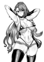 Rule 34 | 1girl, absurdres, areola slip, armpits, arms behind head, arms up, bare shoulders, beatrix (granblue fantasy), bikini, blush, breasts, choker, cleavage, closed mouth, collarbone, elbow gloves, gggg, glands of montgomery, gloves, granblue fantasy, greyscale, highleg, highleg bikini, highres, large areolae, large breasts, long hair, long sleeves, looking at viewer, micro shorts, monochrome, navel, navel piercing, piercing, ponytail, shorts, simple background, smile, swimsuit, thighhighs, thighs, white background