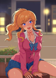 Rule 34 | 1girl, :d, blonde hair, blue eyes, blue skirt, blurry, blurry background, breasts, buttons, cardigan, choker, cleavage, fingernails, genmon, highres, idolmaster, idolmaster cinderella girls, lamppost, large breasts, long fingernails, long hair, miniskirt, nail polish, ohtsuki yui, open mouth, outdoors, pink cardigan, pleated skirt, ponytail, red nails, red ribbon, ribbon, ribbon choker, sitting, skirt, smile, solo, teeth, upper teeth only
