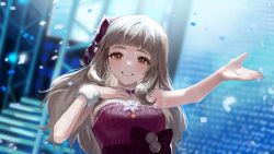 Rule 34 | 1girl, armband, bare shoulders, blunt bangs, blush, breasts, brown hair, concert, confetti, dress, gem, hair ornament, hand on own chest, highres, idol, idolmaster, idolmaster cinderella girls, jewelry, kamiya nao, long eyelashes, long hair, looking at viewer, medium breasts, necklace, open mouth, outstretched hand, pearl (gemstone), purple dress, red eyes, sash, sleeveless, sleeveless dress, smile, solo, sowb, stage, stairs, thick eyebrows, upper body, wristband