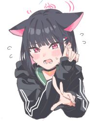 Rule 34 | 1girl, 51likes, black hair, blue archive, blush, cat girl, flustered, flying sweatdrops, frown, halo, jacket, kazusa (blue archive), long sleeves, looking at viewer, lower teeth only, medium hair, open mouth, pink eyes, pink halo, simple background, solo, teeth, tongue, upper body, white background, white jacket