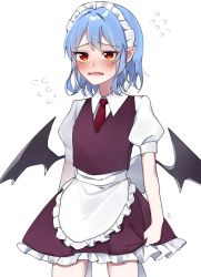Rule 34 | 1girl, alternate costume, apron, back bow, bat wings, blouse, blue hair, blush, bow, breasts, collared shirt, commentary request, dress, embarrassed, eringi (rmrafrn), eyes visible through hair, fang, flying sweatdrops, frills, grey bow, hair between eyes, highres, looking to the side, maid, maid headdress, medium breasts, necktie, open mouth, pointy ears, puffy short sleeves, puffy sleeves, purple dress, red eyes, red necktie, remilia scarlet, shirt, short hair, short sleeves, simple background, solo, standing, sweat, sweatdrop, tongue, touhou, white apron, white background, white shirt, wings