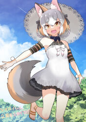 Rule 34 | 1girl, :3, absurdres, alternate costume, alternate hairstyle, bare shoulders, black bow, black bowtie, blue sky, blush, bow, bowtie, braid, detached sleeves, dress, fang, frilled dress, frills, from below, grey hair, hair between eyes, hair bow, hat, highres, island fox (kemono friends), kemono friends, monaca (monamona), multicolored hair, open mouth, orange hair, sandals, short hair, sky, sun hat, sundress, translation request, twin braids, virtual youtuber, white dress, white hair, yellow eyes