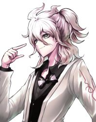 Rule 34 | 1boy, black bow, black shirt, black vest, bow, bowtie, collarbone, collared shirt, commentary request, danchu (danchu0628), danganronpa (series), danganronpa 10th anniversary costume, danganronpa 2: goodbye despair, dress shirt, gradient background, green eyes, grey background, grey eyes, grey hair, hair between eyes, hand up, highres, jacket, komaeda nagito, male focus, medium hair, official alternate costume, pale skin, pointing, pointing at self, ponytail, print jacket, shirt, short hair, short ponytail, simple background, smile, solo, upper body, vest, white background