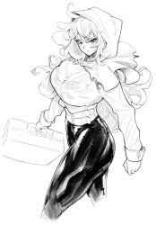 Rule 34 | aeyga, greyscale, grimm (red hood), highres, hood, monochrome, muscular, muscular female, pants, red hood (kawaguchi), short hair, sketch, suitcase, tight clothes, tight pants