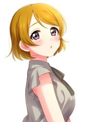 Rule 34 | 1girl, absurdres, black ribbon, blush, brown hair, from side, grey shirt, highres, koizumi hanayo, looking at viewer, looking to the side, love live!, love live! school idol project, neck ribbon, parted lips, purple eyes, ribbon, sekina, shirt, short sleeves, simple background, solo, white background