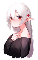 Rule 34 | 1girl, absurdres, arknights, beudelb, black shirt, blush, colored skin, commentary, cropped torso, cross hair ornament, hair between eyes, hair ornament, highres, korean commentary, long hair, looking at viewer, off-shoulder shirt, off shoulder, pale skin, pointy ears, red eyes, shirt, simple background, solo, upper body, warfarin (arknights), white background, white hair
