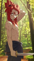 Rule 34 | 1boy, bags under eyes, clothes around waist, cowboy shot, forest, highres, holding, holding sword, holding weapon, long hair, male focus, mya-zawa, nature, outdoors, red eyes, red hair, sekaiju no meikyuu hd, shinobi (sekaiju), shinobi 5 (sekaiju), solo, sword, thick eyebrows, toned, toned male, topless male, weapon, weapon request