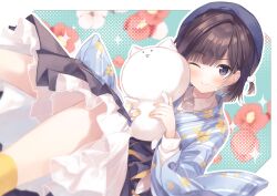 Rule 34 | 1girl, ;), absurdres, amamine, animal, beret, black hair, black skirt, blue background, blue hat, blue kimono, blush, brown eyes, cat, closed mouth, collared shirt, commentary request, commission, feet out of frame, floral background, flower, hat, highres, holding, holding animal, japanese clothes, kimono, looking at viewer, multicolored hair, nail polish, one eye closed, original, pleated skirt, red flower, shirt, skeb commission, skirt, smile, socks, solo, striped clothes, striped kimono, two-tone hair, vertical-striped clothes, vertical-striped kimono, white background, white flower, white shirt, yellow nails, yellow socks