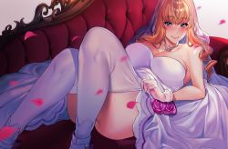 Rule 34 | 1girl, adjusting clothes, adjusting legwear, blonde hair, blush, breasts, bridal veil, bride, commission, couch, dress, gloves, jewelry, large breasts, long dress, looking at viewer, lying, macross, macross frontier, necklace, on back, on couch, petals, raxxx25 3, rose petals, sheryl nome, skeb commission, sleeveless, sleeveless dress, smile, solo, strapless, strapless dress, thighhighs, veil, wedding dress, white dress, white gloves, white thighhighs