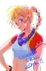 Rule 34 | 1girl, bandages, blonde hair, blue eyes, breasts, chrono cross, closed mouth, crop top, facial mark, gloves, high ponytail, highres, jewelry, kid (chrono cross), long hair, looking at viewer, midriff, multi-tied hair, necklace, ponytail, simple background, smile, solo, vest, white background