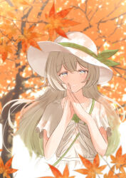 Rule 34 | 1girl, crying, crying with eyes open, dress, firefly (honkai: star rail), grey hair, hair between eyes, hat, highres, honkai: star rail, honkai (series), leaf, long hair, looking at viewer, maple leaf, mashiro (user 65392488), outdoors, own hands together, smile, solo, sun hat, tears, tree, two-tone eyes, upper body, white dress, white hat