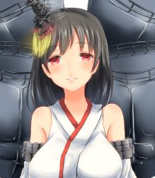 Rule 34 | 10s, 1girl, ame-rain, black hair, cannon, detached sleeves, hair ornament, headgear, highres, japanese clothes, kantai collection, machinery, nontraditional miko, portrait, red eyes, short hair, solo, turret, wide sleeves, yamashiro (kancolle)