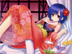 Rule 34 | 1girl, absurdres, azuma yuki, blue hair, bug, butterfly, curtains, floral print, furisode, hair ornament, hairpin, highres, huge filesize, indoors, insect, japanese clothes, kimono, knees together feet apart, looking at viewer, lying, obi, on back, origami, paper crane, red eyes, sash, short hair, solo, tabi, window, yukata