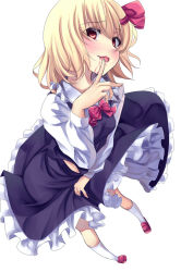 Rule 34 | 1girl, blonde hair, blood, blush, bow, breasts, dress, embodiment of scarlet devil, fang, female focus, finger to mouth, foreshortening, hair ribbon, kinntarou, looking at viewer, open mouth, pigeon-toed, red eyes, ribbon, rumia, short hair, simple background, smile, socks, solo, touhou, white socks