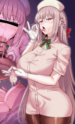 Rule 34 | 1boy, 1girl, bar censor, blush, bow, bowtie, braid, breasts, censored, cum, cum on hands, dress, fate/grand order, fate (series), fellatio, fellatio gesture, fishnet pantyhose, fishnets, florence nightingale (fate), florence nightingale (santa) (fate), french braid, glasses, gloves, handjob, hat, hetero, highres, identity censor, male pubic hair, nipples, nurse cap, open mouth, oral, pantyhose, penis, pubic hair, squeezing testicles, stray pubic hair, testicles, tongue, tongue out, white gloves, zhen lu