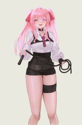Rule 34 | 1girl, breasts, curvy, dominatrix, goddess of victory: nikke, highres, long hair, looking at viewer, pepeo, pink hair, shorts, small breasts, standing, thick thighs, thigh strap, thighs, twintails, whip, yuni (nikke)