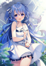 Rule 34 | 1girl, :d, bare shoulders, blue eyes, blue hair, blush, collarbone, dress, hair ribbon, holding, holding umbrella, lace, long hair, looking at viewer, open mouth, original, outdoors, ribbon, sleeveless, sleeveless dress, smile, solo, suimya, two side up, umbrella, very long hair, white dress, white ribbon, white umbrella