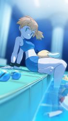 Rule 34 | 1girl, absurdres, arm support, arms behind back, barefoot, bike shorts, black wristband, blurry, breasts, bright pupils, closed mouth, column, commentary, creatures (company), depth of field, dive ball, from side, game freak, gen 1 pokemon, greatm8, green eyes, highres, looking at viewer, misty (pokemon), nintendo, orange hair, pillar, poke ball, pokemon, pokemon (creature), pokemon frlg, pool, psyduck, short hair, side ponytail, sitting, soaking feet, soles, sports bra, toes, water, wet, white pupils, wristband