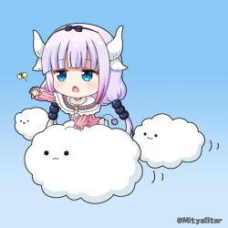 Rule 34 | 1girl, :3, animal, blue background, blue eyes, blush, bug, butterfly, capelet, closed mouth, cloud, commentary request, dragon horns, dress, gradient background, gradient hair, horns, insect, kanna kamui, kobayashi-san chi no maidragon, long sleeves, mitya, multicolored hair, open mouth, outstretched arm, pink dress, pink hair, puffy long sleeves, puffy sleeves, purple hair, solid circle eyes, solo, tail, twitter username, white capelet