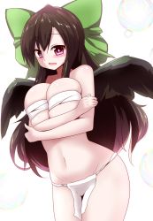 Rule 34 | 1girl, bad id, bad pixiv id, bare shoulders, black hair, bow, breast hold, breasts, budget sarashi, commentary request, fundoshi, green bow, hair bow, hajime (ak-r), japanese clothes, large breasts, long hair, looking at viewer, midriff, parted lips, pink eyes, reiuji utsuho, sarashi, smile, solo, touhou, wings