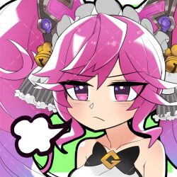 Rule 34 | 1girl, puff of air, bare shoulders, bell, black bow, blush, bow, cleo (dragalia lost), collarbone, dragalia lost, hair bell, hair ornament, highres, long hair, pink eyes, pink hair, sigh, sleeveless, solo, twintails, upper body, xiafei97