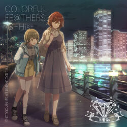 Rule 34 | 2girls, absurdres, album cover, aqua jacket, blonde hair, brown hair, building, commentary request, cover, dress, full body, gradient hair, green hair, highres, idolmaster, idolmaster shiny colors, jacket, low twintails, medium dress, miniskirt, multicolored hair, multiple girls, night, official art, outdoors, shhis (idolmaster), shoes, skirt, sneakers, twintails, yellow skirt