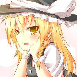 Rule 34 | 1girl, blonde hair, blush, bow, braid, female focus, hair bow, hat, hat bow, highres, kirisame marisa, open mouth, single braid, smile, solo, touhou, upper body, wakagi repa, white background, witch, witch hat, yellow eyes