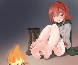 Rule 34 | 1girl, absurdres, barefoot, blush, boots, unworn boots, brown eyes, campfire, feet, fire, highres, long hair, looking at viewer, lts kakuyo, open mouth, red hair, shoes, unworn shoes, short shorts, shorts, soles, toes