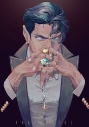 Rule 34 | 1boy, aqua eyes, arm tattoo, black hair, black jacket, earrings, highres, holding, holding jewelry, holding necklace, jacket, jewelry, unworn jewelry, looking at viewer, male focus, multiple rings, necklace, unworn necklace, open clothes, open jacket, original, own hands together, ring, shirt, short hair, solo, tattoo, ueno kishi, upper body, white shirt