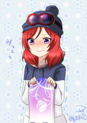 Rule 34 | 10s, 1girl, beanie, blush, goggles, hat, love live!, love live! school idol festival, love live! school idol project, nishikino maki, purple eyes, red hair, ric. (marchen mozuku), ski goggles, snowboard, snowflakes, solo, sweat, translation request, trembling, twitter username, wavy mouth, winter clothes