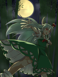 Rule 34 | 1girl, bad id, bad pixiv id, bamboo, bamboo forest, bow, dress, ex-keine, forest, frilled skirt, frills, from below, full moon, green hair, highres, horn bow, kakiha makoto, kamishirasawa keine, long hair, moon, nature, night, night sky, outstretched arms, red eyes, ribbon, skirt, sky, solo, spread arms, touhou