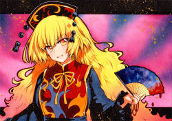 Rule 34 | 1girl, black dress, black hat, black sleeves, blonde hair, crescent, dress, hair between eyes, hand up, hat, junko (touhou), long sleeves, looking at viewer, multicolored background, open mouth, qqqrinkappp, smile, solo, touhou, traditional media, yellow eyes, yellow neckwear