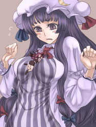 Rule 34 | 2girls, between breasts, blush, breasts, female focus, giant, giantess, hat, head wings, heart, koakuma, large breasts, long hair, mini person, minigirl, multiple girls, open mouth, patchouli knowledge, person between breasts, purple eyes, purple hair, ribbon, size difference, touhou, utopia, wings, yuri