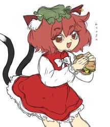 Rule 34 | 1girl, :3, animal ear fluff, animal ears, black tail, bow, bowtie, brown eyes, brown hair, burger, cat ears, cat girl, cat tail, cheese, chen, collar, collared vest, commentary, cropped legs, earrings, english commentary, english text, engrish commentary, engrish text, fang, feet out of frame, food, frilled skirt, frilled sleeves, frills, green hat, hands up, hat, highres, holding, holding food, hoop skirt, jewelry, knees, lettuce, long sleeves, looking at viewer, mandarin collar, medium hair, medium skirt, mob cap, multiple tails, open mouth, raised eyebrows, ranguage, red collar, red skirt, red vest, ribbon, shikigami, simple background, single earring, skin fang, skirt, skullchimes, smile, solo, tail, tail raised, touhou, two tails, vest, white background, white bow, white bowtie, white ribbon, white sleeves