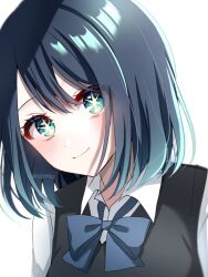 Rule 34 | 1girl, black vest, blue bow, blue bowtie, blue eyes, blue hair, blush, bow, bowtie, closed mouth, collared shirt, commentary request, gradient hair, hair between eyes, highres, kurokawa akane, light blue hair, looking at viewer, medium hair, multicolored hair, oshi no ko, parted bangs, shade, shirt, simple background, smile, solo, star-shaped pupils, star (symbol), symbol-shaped pupils, szmymsz, twitter username, upper body, vest, white background, white shirt